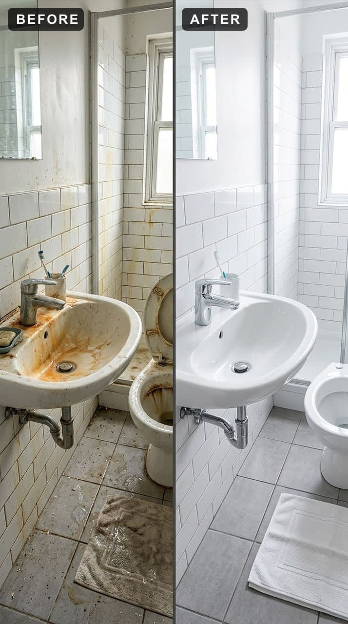 A rust-stained bathroom basin and toilet beside the same fixtures cleaned white