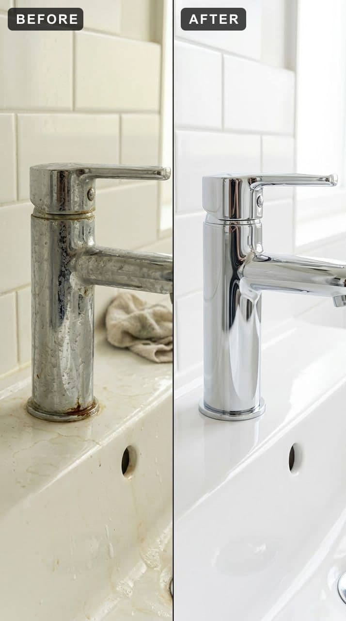 A bathroom tap dulled by limescale beside the same tap polished back to bright chrome