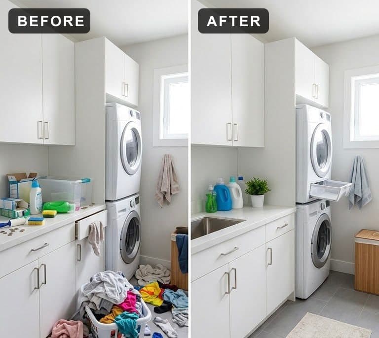 A cluttered laundry room with washing across the floor beside the same room tidy