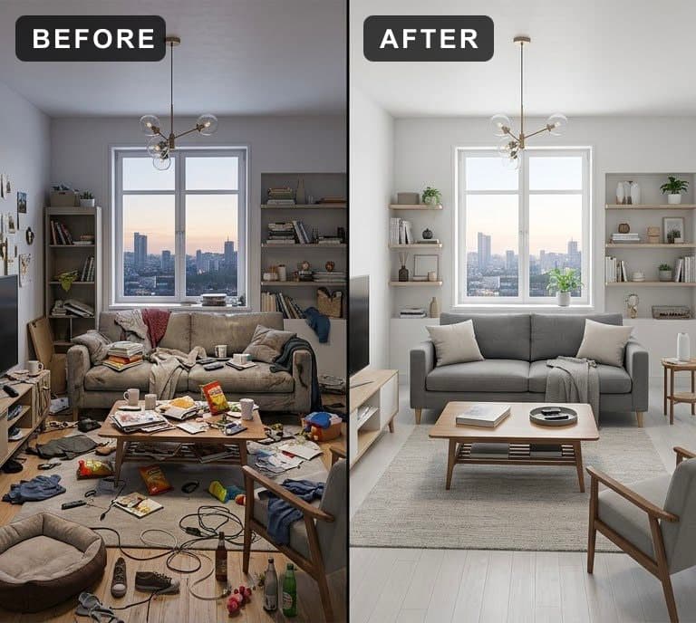 A living room buried in clutter beside the same room cleared and tidy