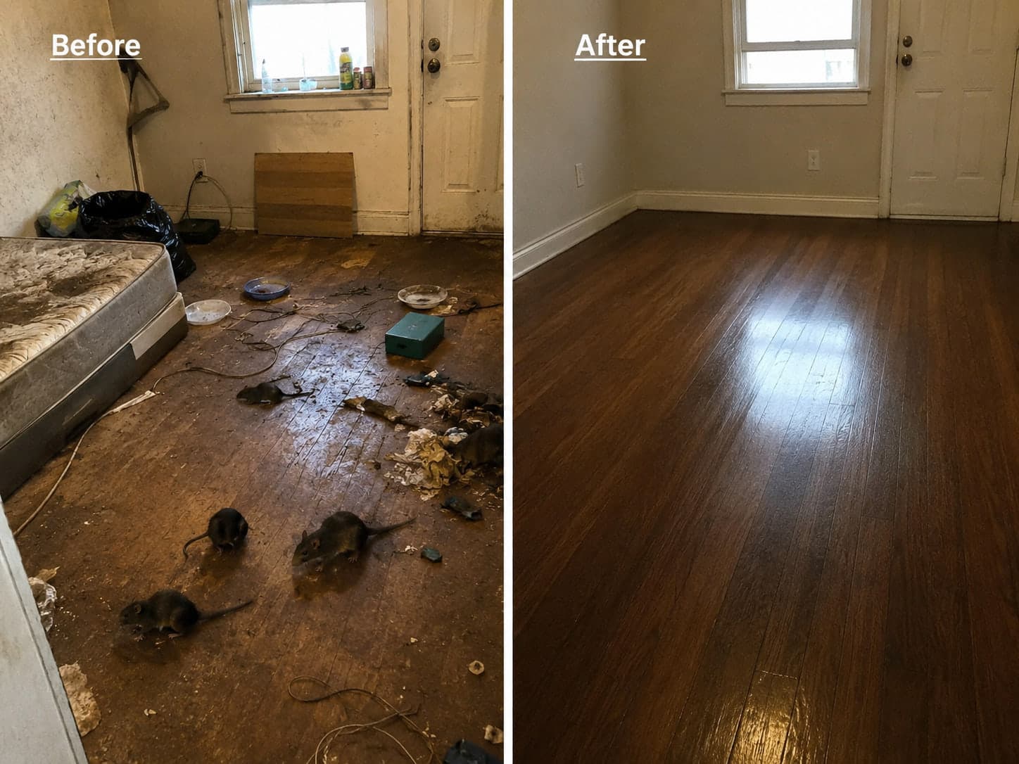 A room floor strewn with rats, droppings and debris beside the same room cleared out and the floor refinished