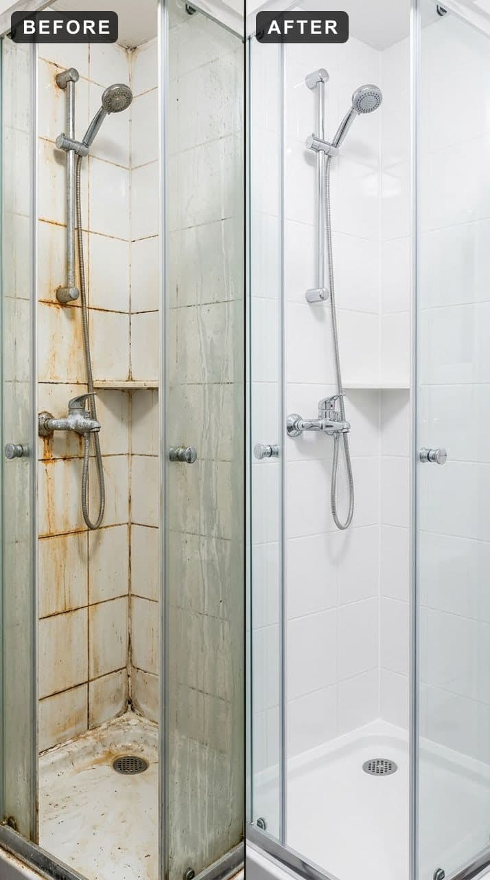 A shower cubicle stained with rust and soap scum beside the same cubicle cleaned white