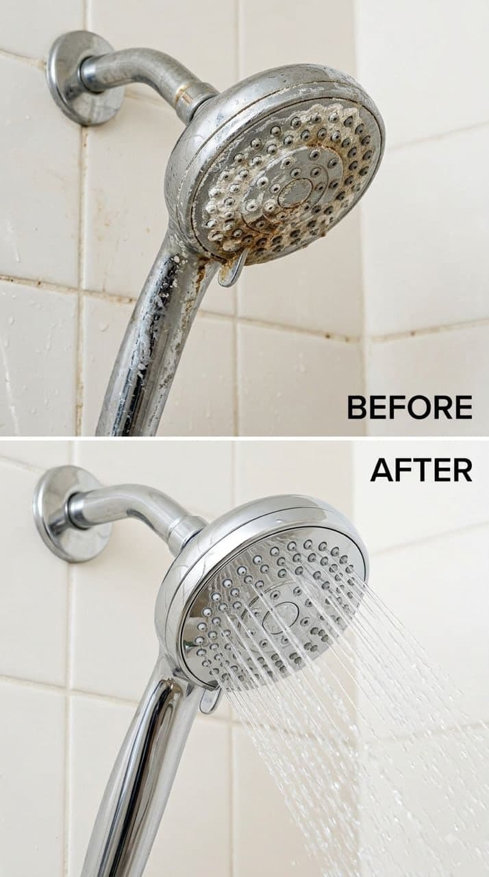 A showerhead crusted with limescale above the same showerhead running clear