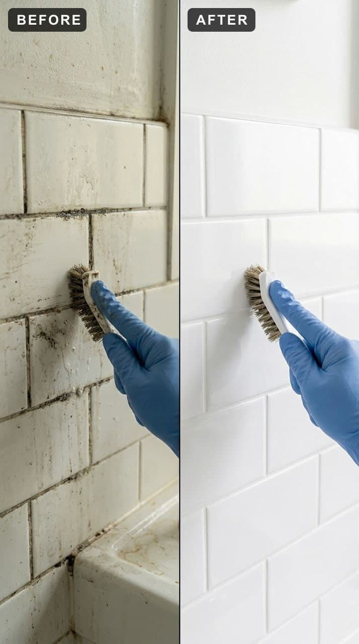 Mold-darkened grout lines on white subway tile beside the same wall with the grout back to white