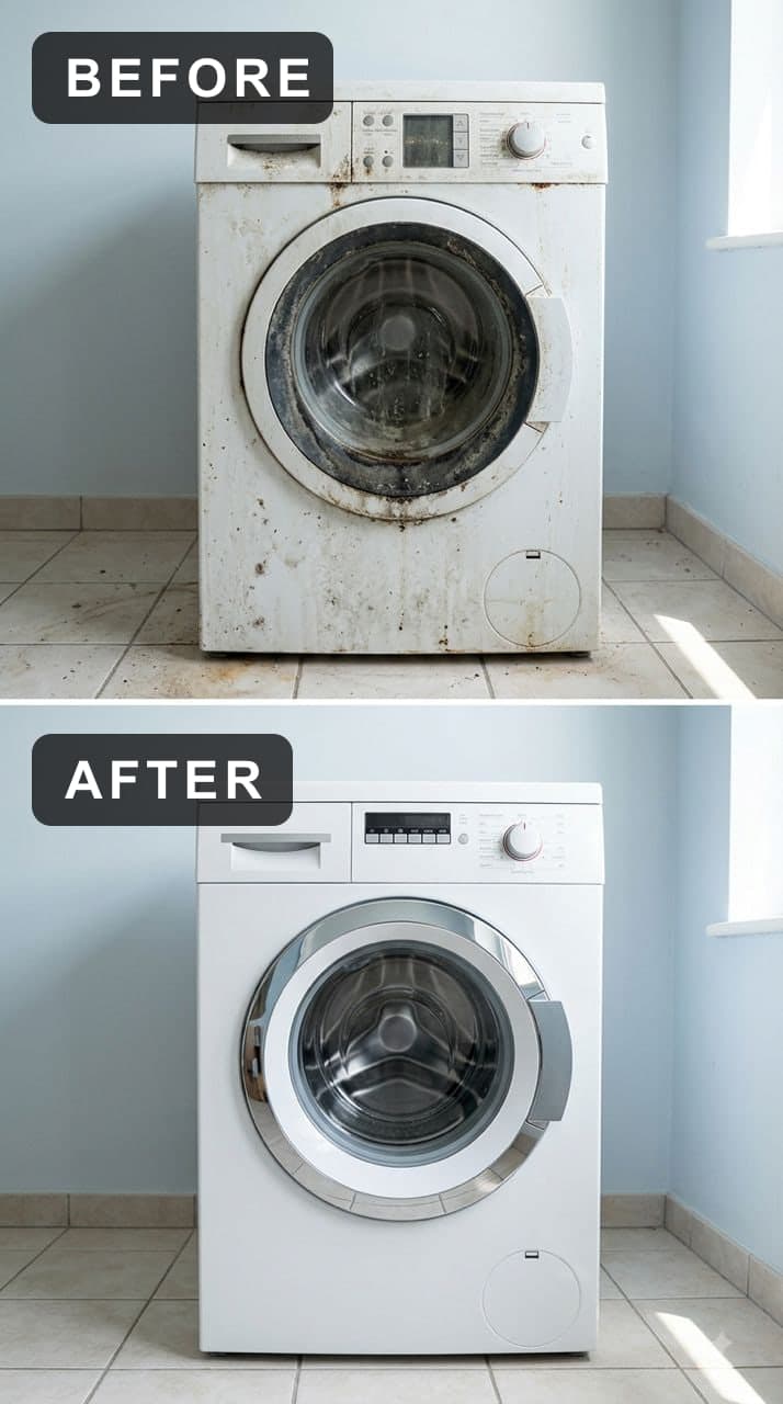 A washing machine streaked with rust and mold above the same machine cleaned white
